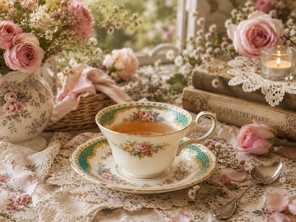 VTG 50's E.B. Foley Windsor Green Lattice Cup Saucer Scalloped Gold Trim England